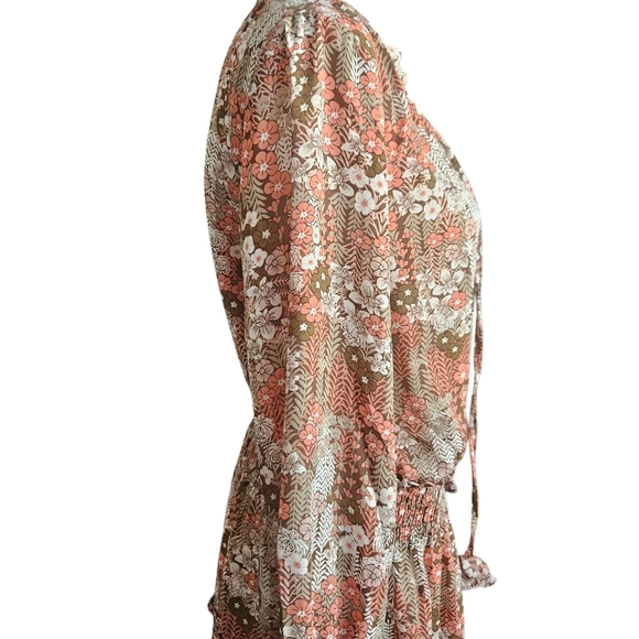 Dokotoo Boho Drawstring V Neck Smocked Long Sleeve Ruffle Tiered Chiffon Large - Picture 2 of 10